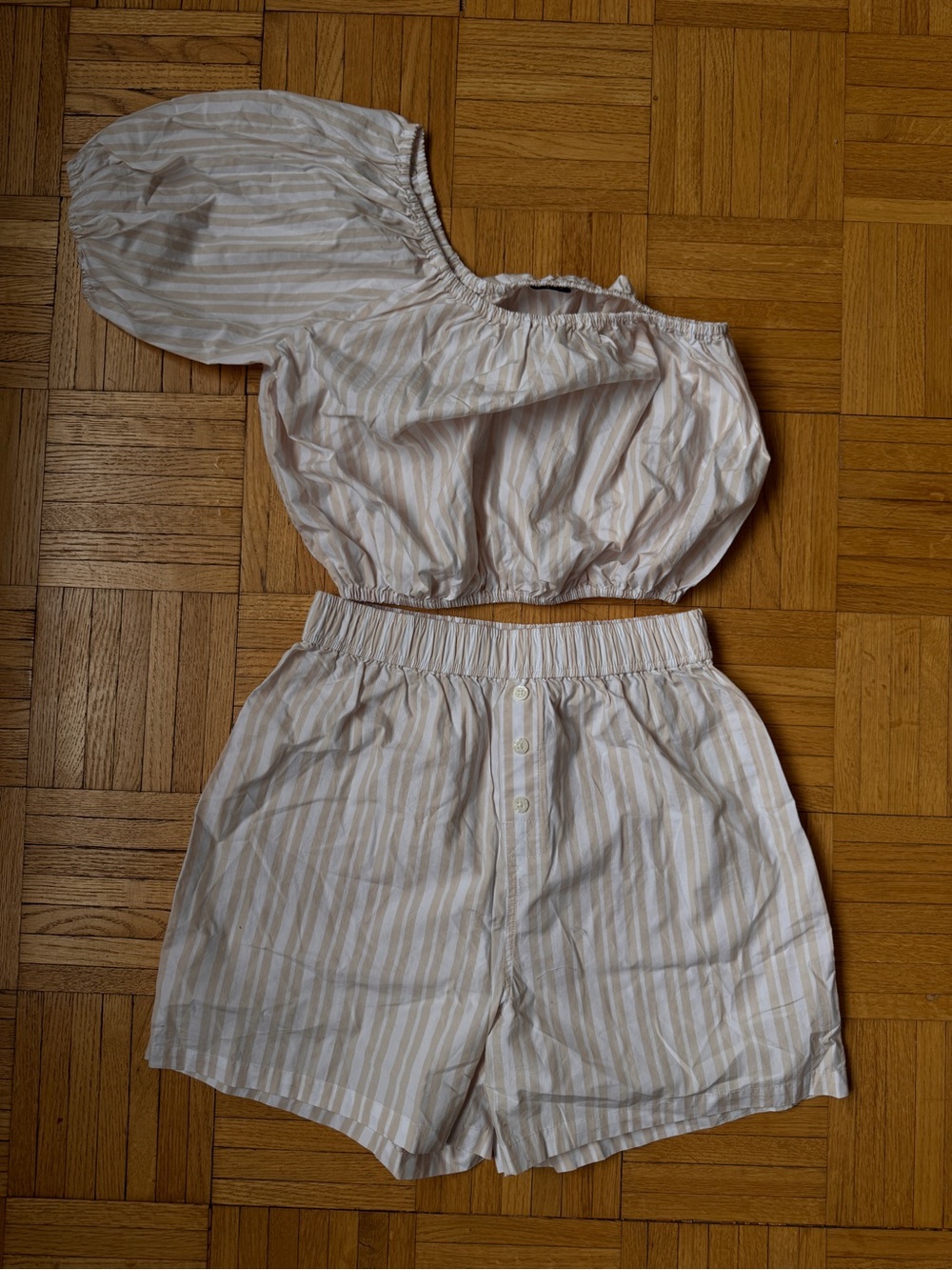 Onia Tan Striped One-Shoulder Top & Shorts Set Sz XS